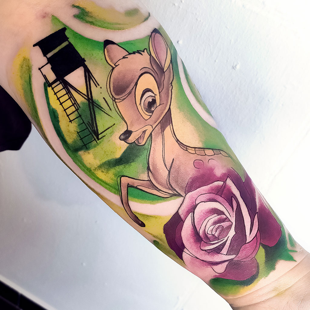 Abstract watercolor bambi from Disney tattoo